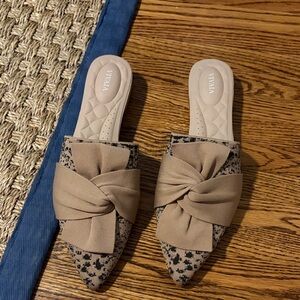 Vivaia Tan and Black Bow Mules